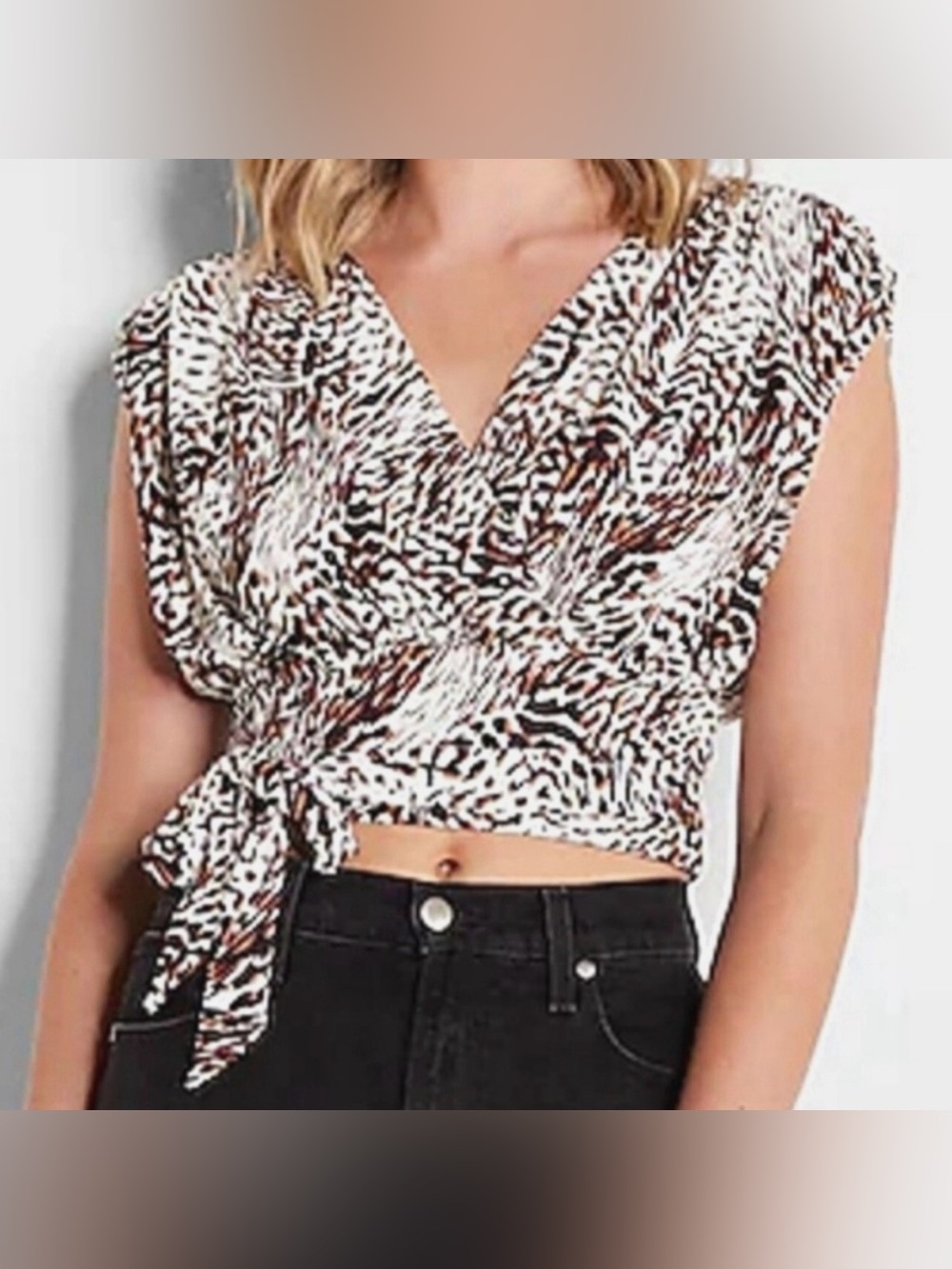 Express Smooth Matte Jersey Draped Front Tie Waist Top in Animal Print